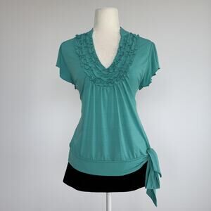 Tunic Blouse Womens M Green Ruffle V Neck Flutter Sleeve Tie Hem Stretch Top